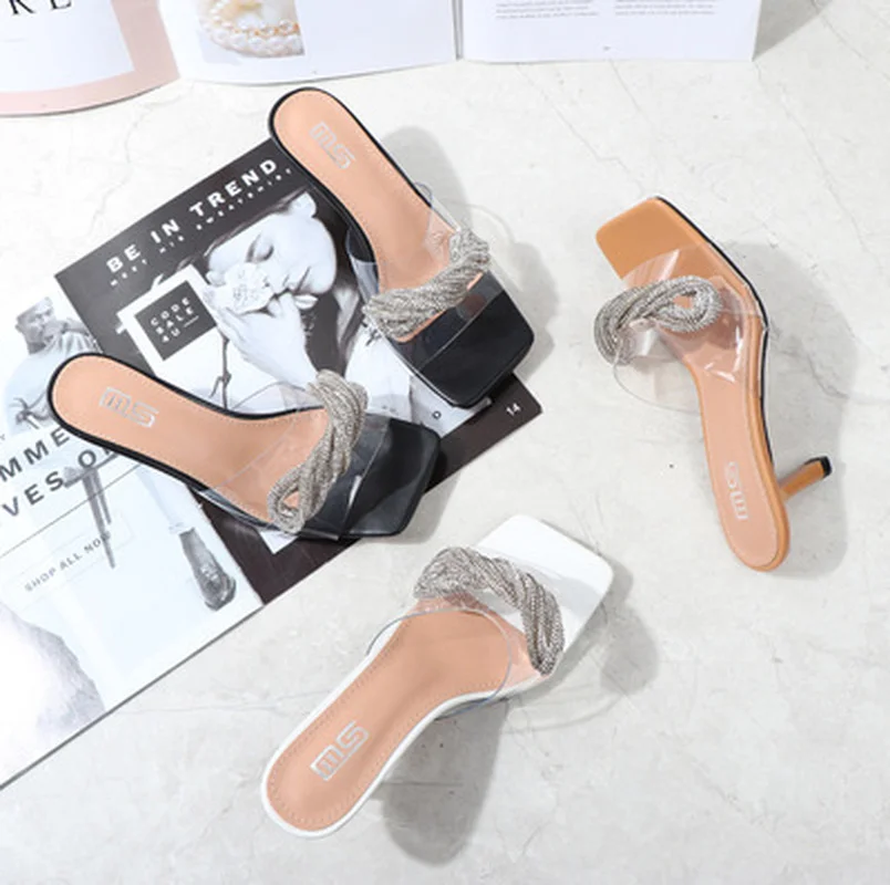 

Transparent Slipper Women 2021 Summer New Water Diamond Bow Crystal and White Silver Fashion All Kinds of Cool Slippers