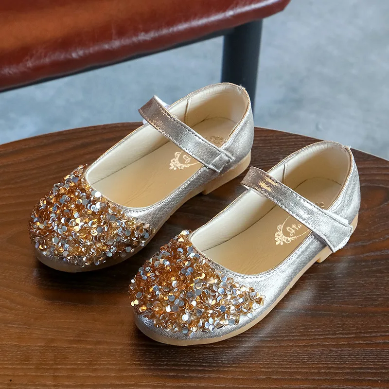 

Mary Janes Girls Shoes With Rhinestone Fashion Princess Sweet Antiskid Soft Children's Flats Kids Glitter Party Shoes
