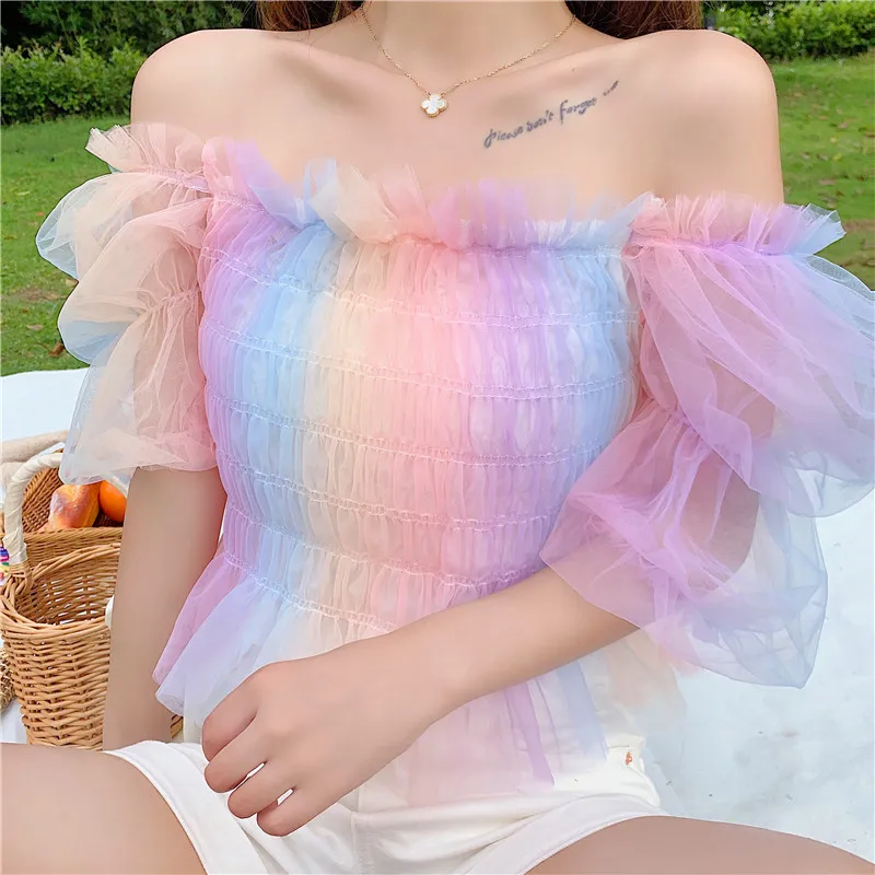 Striped Rainbow Stretchy Shirt Summer Sweet Ruffles Slash Neck Cropped Blouses Women Mesh Crop Tops For Girls