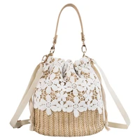 womens crossbody bag bohemian summer straw beach bags lace female handbag pearl shoulder messenger bags drawstring bucket bag