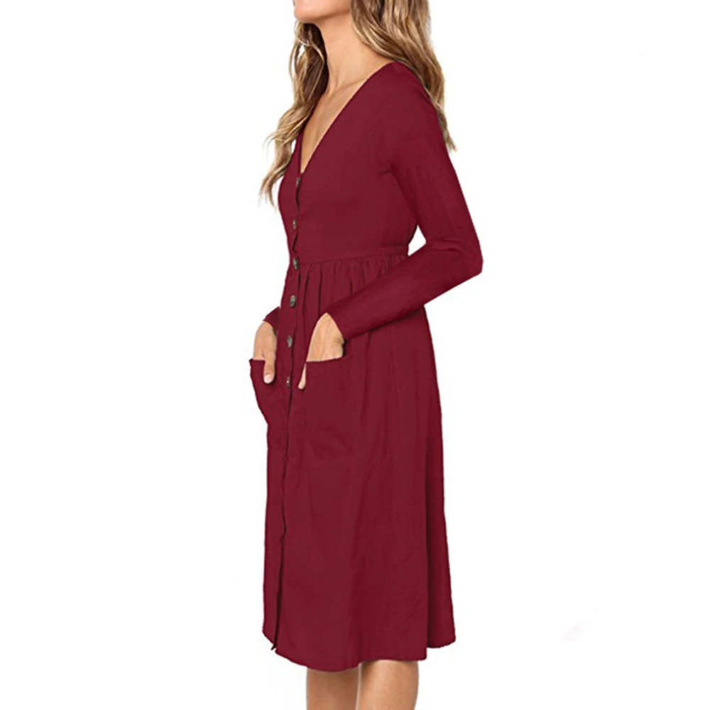 2020 NEW Arrival Autumn/Winter Fashion V-Neck Button Pocket Long-Sleeved Dress Women Casual Wild Dresses | Женская одежда