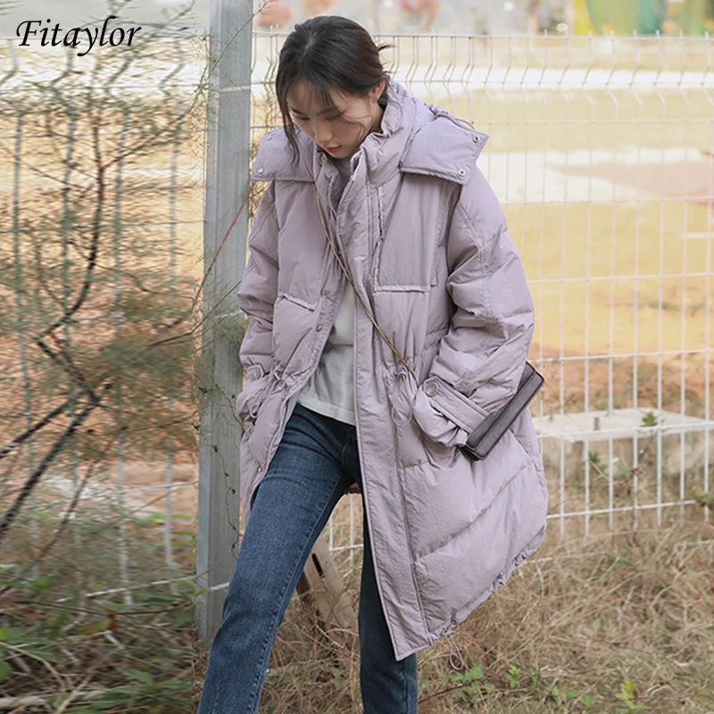 

Fitaylor Winter Warm Hooded Long Jacket Women 90% White Duck Down Purple Coat Female Feather Parkes Waist Retractable Outwear