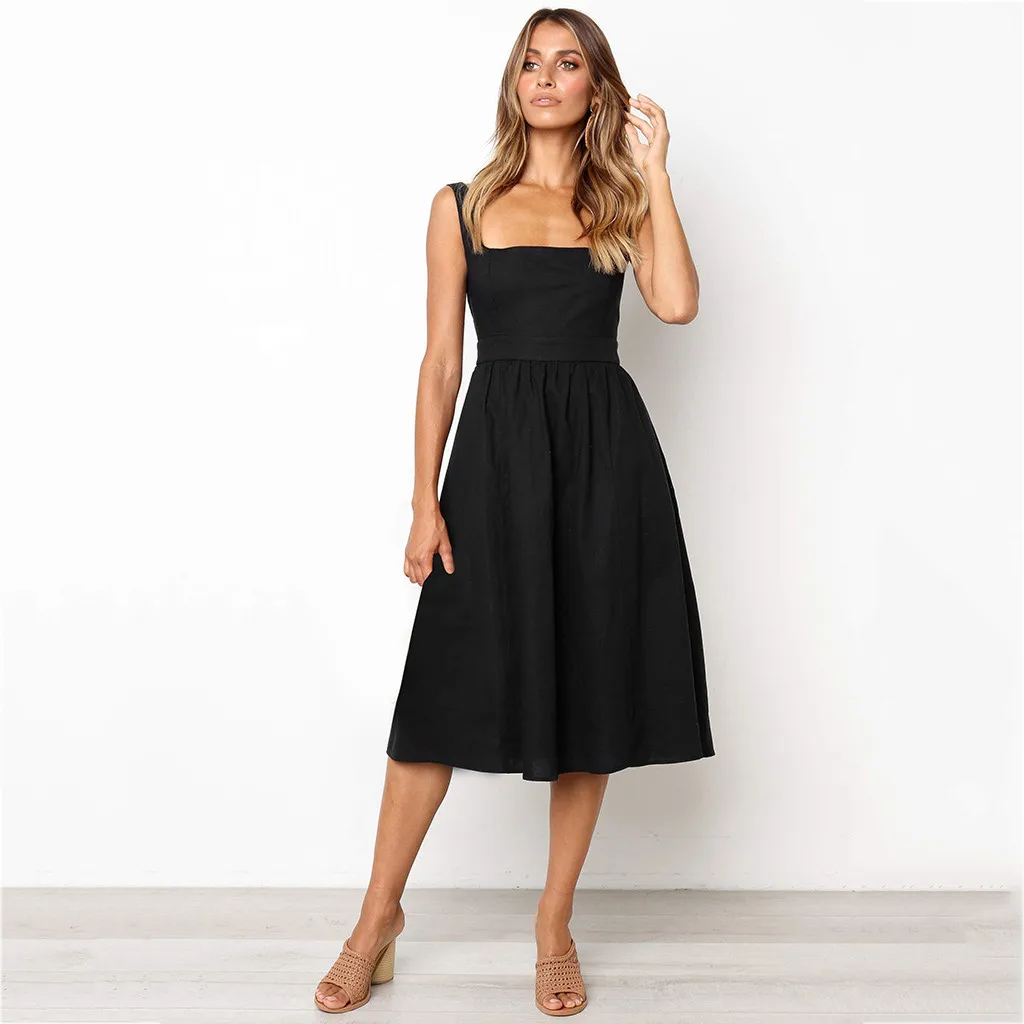 

Женское винтажное платье миди без рукавов, элегантное однотонное платье с карманами, сексуальное пляжное Бандажное платье, лето