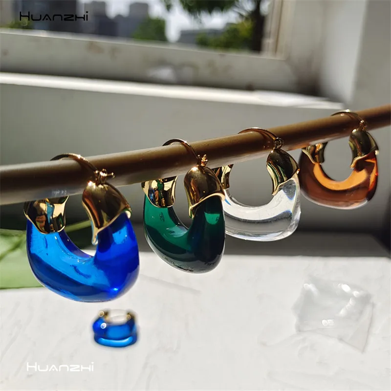 

Серьги-кольца женские HUANZHI, 2021, золотой Латунный металлический, прозрачные, из смолы, круглые, для путешествий, вечеринок