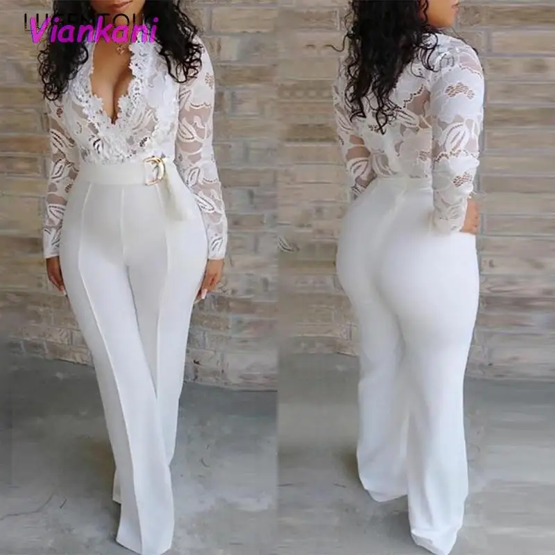 

White Jumpsuit Women Lace Stitching Long Sleeve V-neck Plus Size Wide Leg Long Pants 2022 Office Lady Jumpsuits for Women