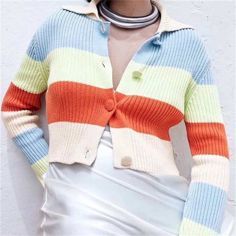 

Модный женский полосатый укороченный вязаный кардиган ZXQJ 2021, свитер, винтажная женская верхняя одежда на пуговицах с длинным рукавом, шикарные топы
