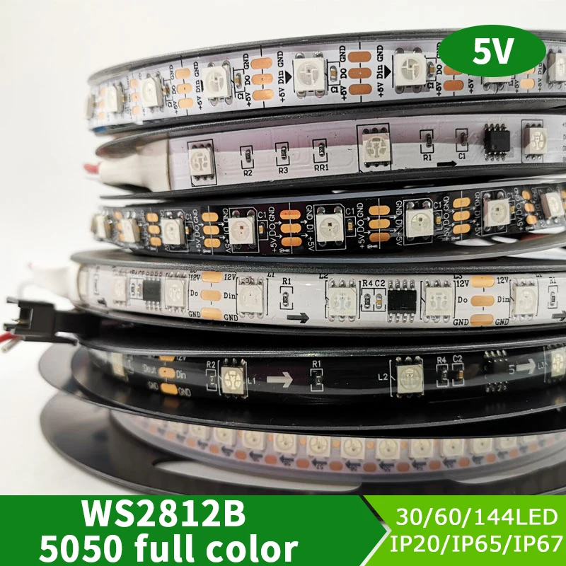 

5V WS2812B Led Strip light Individually Addressable WS2812 Smart RGB Led pixel strips Black/White PCB Waterproof IP30/65/67 1-5m