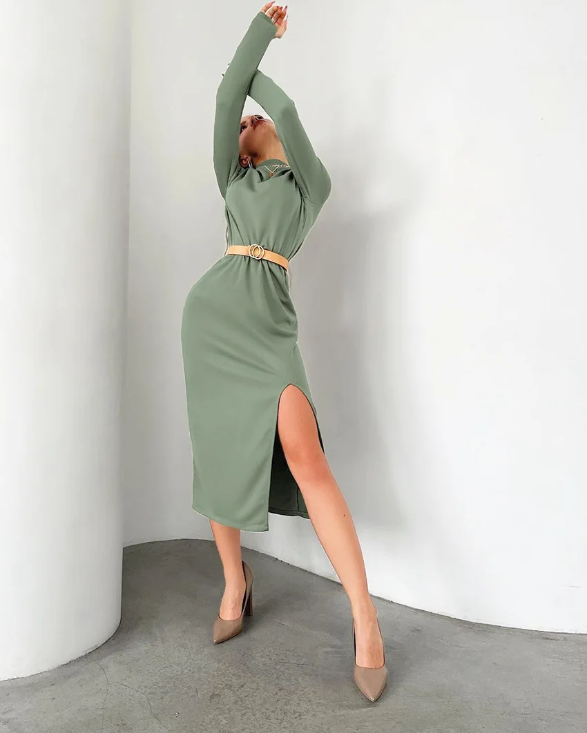 

2022 MOFANCY New Spring Women's Elegant Green Color Mid-length Long-sleeve Skirt Stand-up Collar Slits Slim Sexy Waist Dress