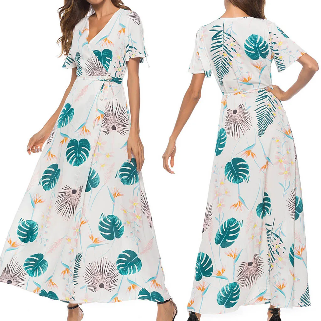 SAGACE Fashion Dress Women Casual V-Neck Leaves Print beach dresses and tunics Short Sleeve Split Bandage sexy party | Женская одежда