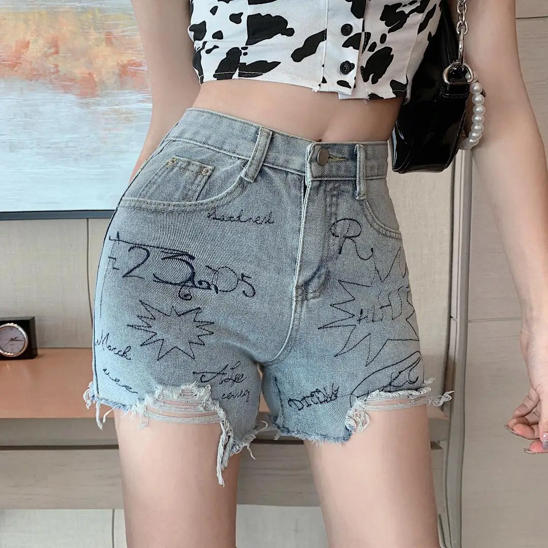 Wide-Legged Burrs Letters Korean Style Fashion Women'S Clothing 2022 Casual Denim High Waist Shorts Female Jeans Harajuku