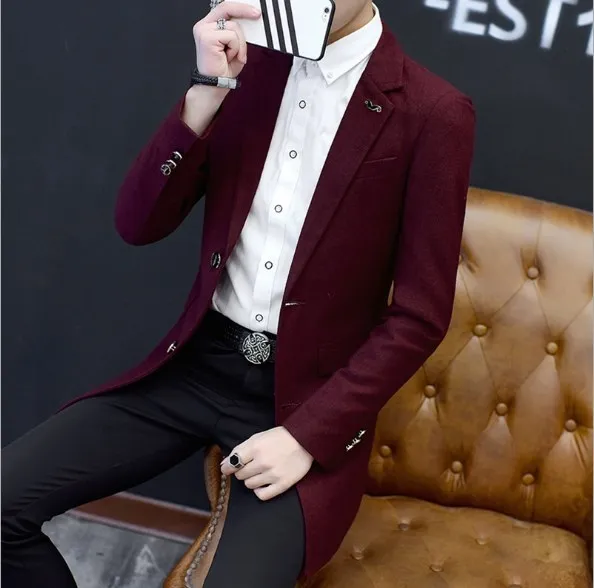 Черный синий бордовый Длинный блейзер мужские однобортные приталенные костюмы