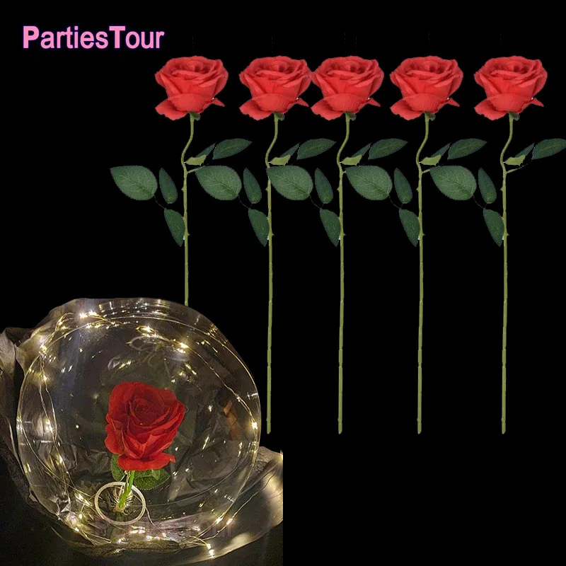 5pcs/set 50cm Artificial Rose Flowers Fake Roses Silk Flowers Plastic Long Stem Silk Roses for LED Luminous Balloon Rose Bouquet