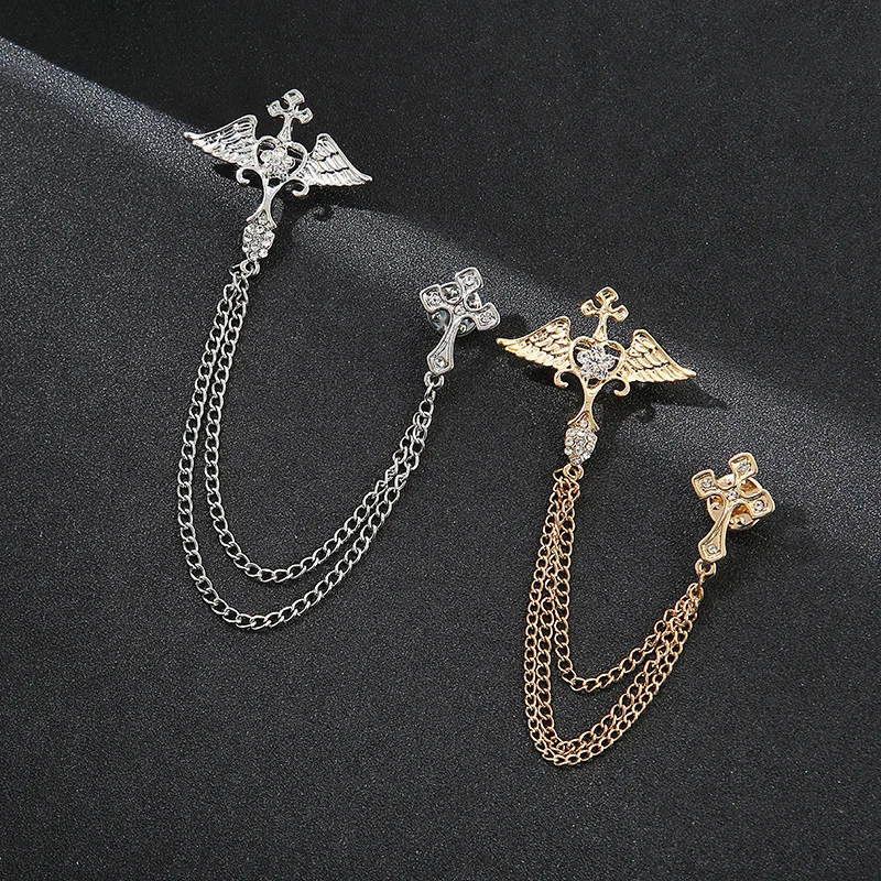 

Men's Temperament Chain Wings Cross Brooch Alloy Silver Retro Ladies Corsage Noble Exquisite Love Tassel Collar Pin Badge