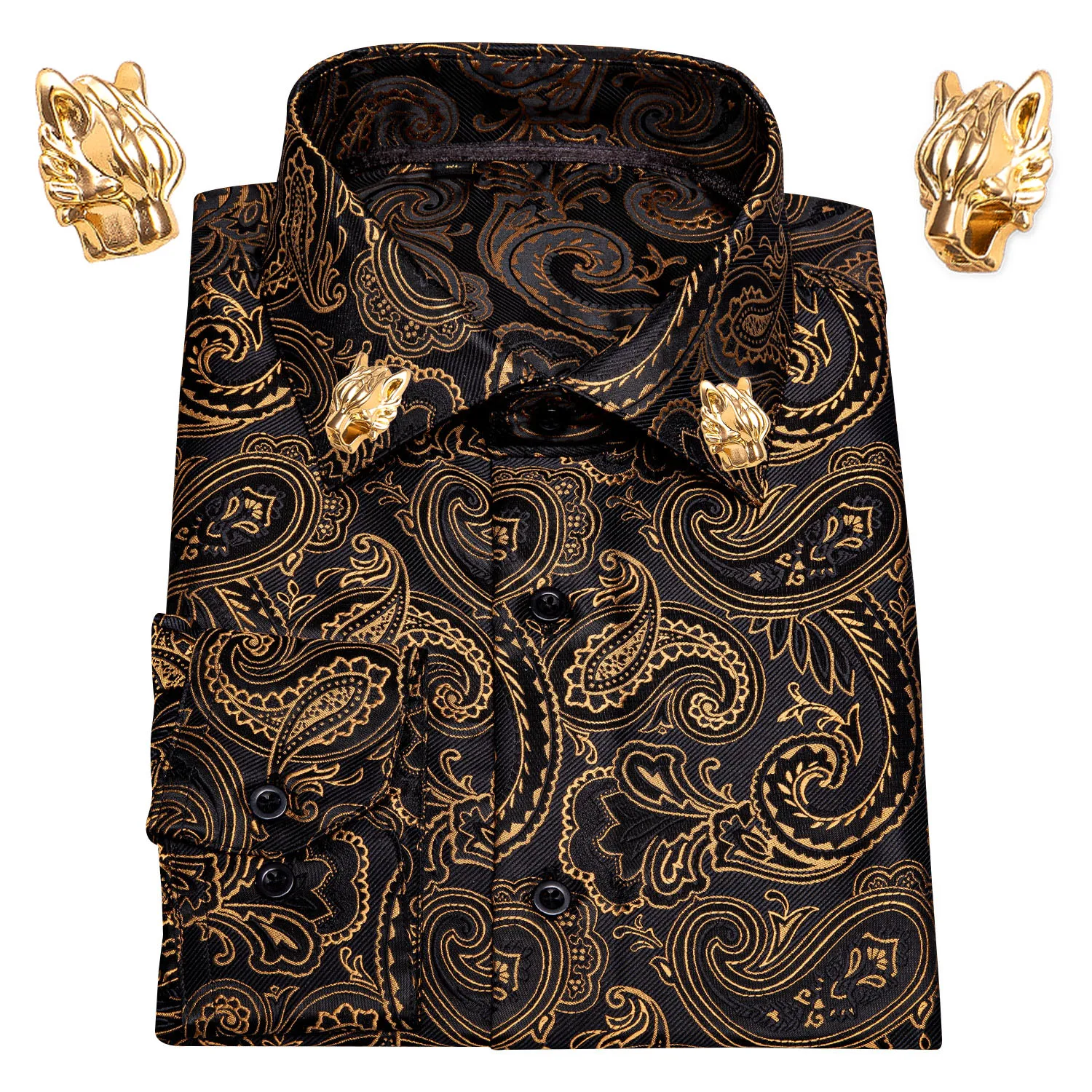 Gold Paisley Silk Men Shirts Long Sleeve Casual Flower Shirts For Men Dress Shirts Barry.Wang Designer Leopard Collar Pin