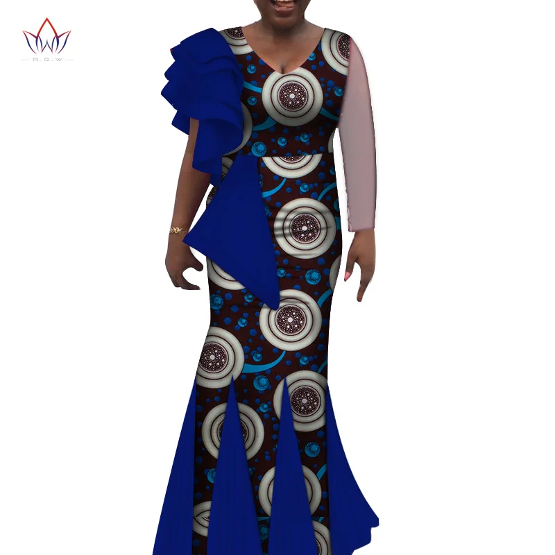 African Women Wedding Party Dress Bazin Riche African Clothing V Neck Print Long Dress Bridesmaid Dress Engagement Dress WY7278