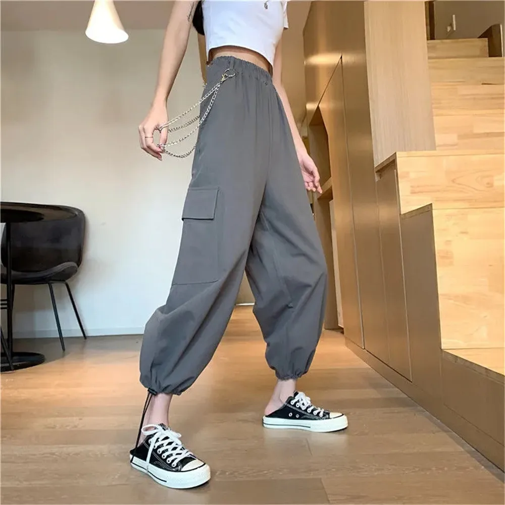 

Women Cargo Pants 2021 Harem Pants Fashion Punk Pockets Jogger Trousers With Chain Harajuku Elastics High Waist Streetwear
