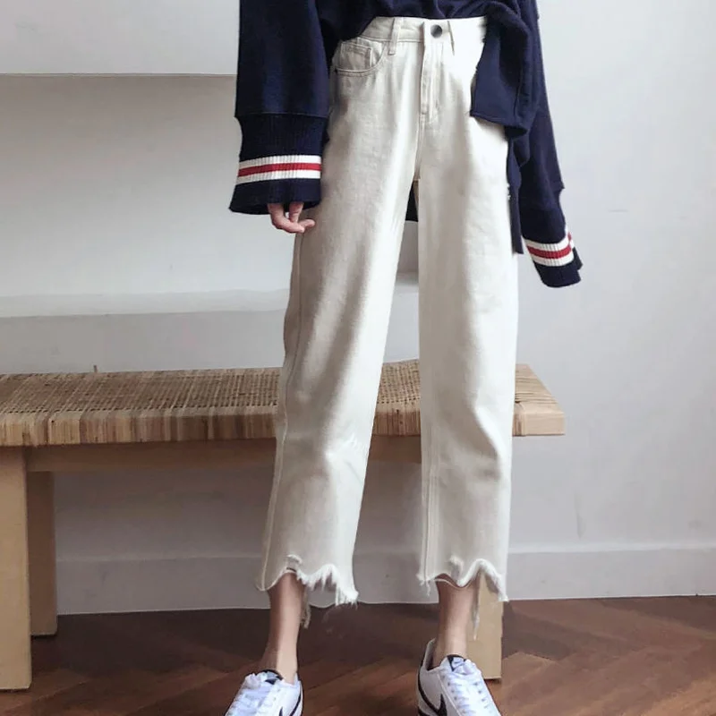 

Jeans Women Ripped Solid Vintage Zipper Womens Straight Loose All-match Trendy Casual Denim Ulzzang High Waist Harajuku Simple