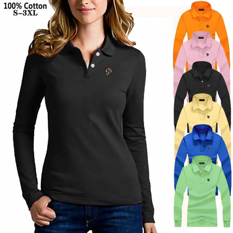 Рубашка-поло женская с вышивкой 100% хлопок длинным рукавом повседневная