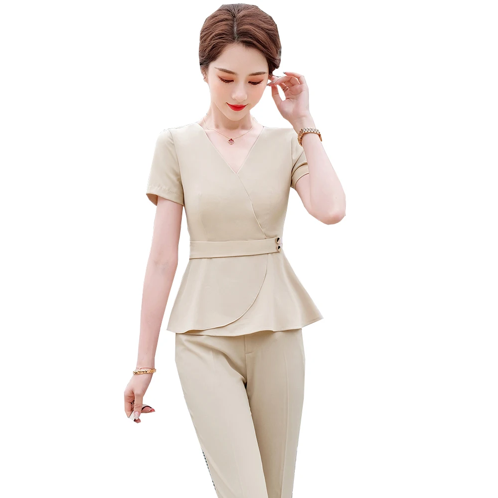 

Элегантный женский офисный брючный костюм, официальный комплект из 2 предметов на лето, черный, розовый, абрикосовый блейзер с оборками и бр...