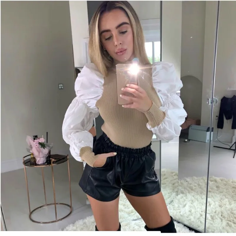 Новинка Женская водолазка блузка модная из кусков с пышными рукавами базовые