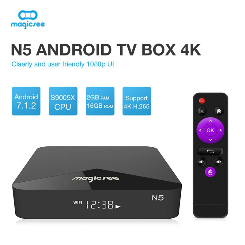 MAGICSEE N5 Smart tv Box Android 7.1.2 Amlogic S905X Mali 450 2 Гб 16 Гб телеприставка 2,4G Wifi 4K H.265 Bluetooth 4,1 медиаплеер