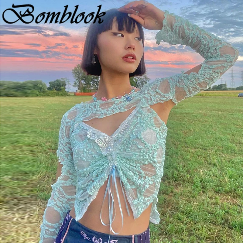 

Bomblook Leisure Vacation Women's Printed Tops Autumn 2021Drawstring Camisole Lace Long Sleeve Cut Out Shawl Female Streetwears