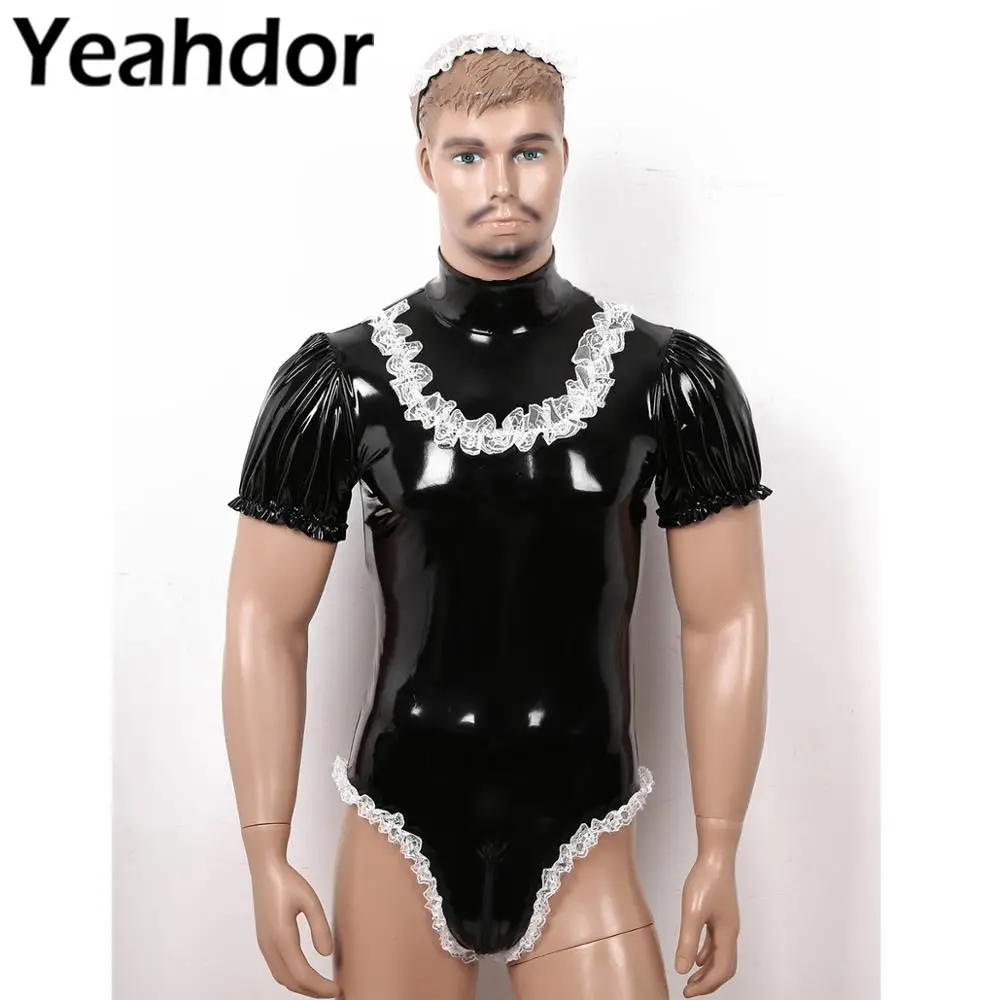 Мужской костюм горничной для взрослых косплея мужской геев из лакированной кожи