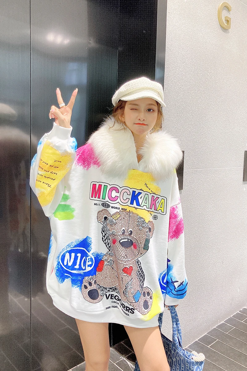 

Уличная Толстая флисовая толстовка в стиле хип-хоп, Лидер продаж, Женская Толстовка большого размера с мультяшным принтом, шикарный большой...