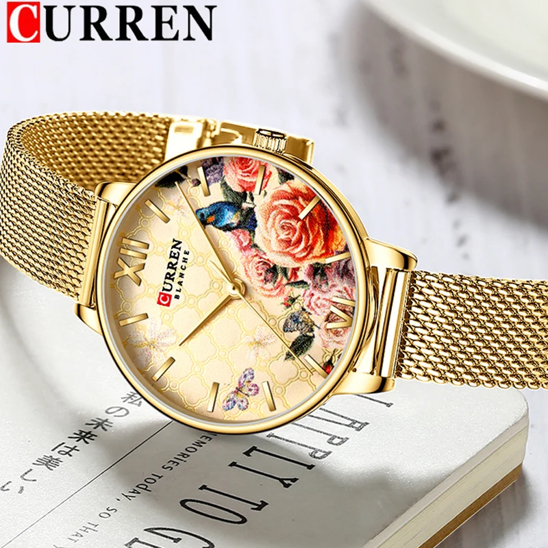 CURREN новые женские часы Топ бренд класса люкс золотые водонепроницаемые сетка