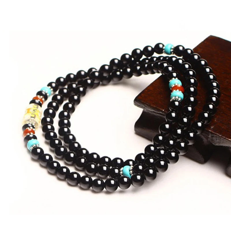 Couple Bracelets Vintage Glass Stone 4 Multi-layer Strands Woven Handmade Wrap with Buddhist Scriptures Pattern | Украшения и
