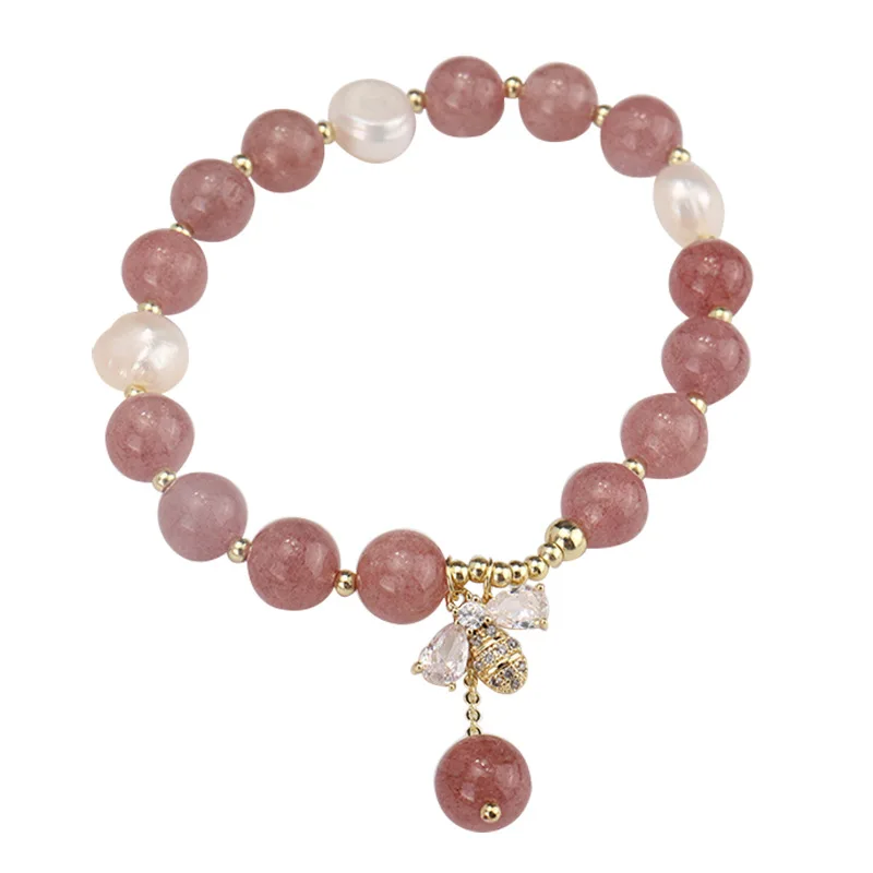

Natural strawberry crystal bracelet for women's light luxury little bee bracelet for peach blossom bracelets for women boho