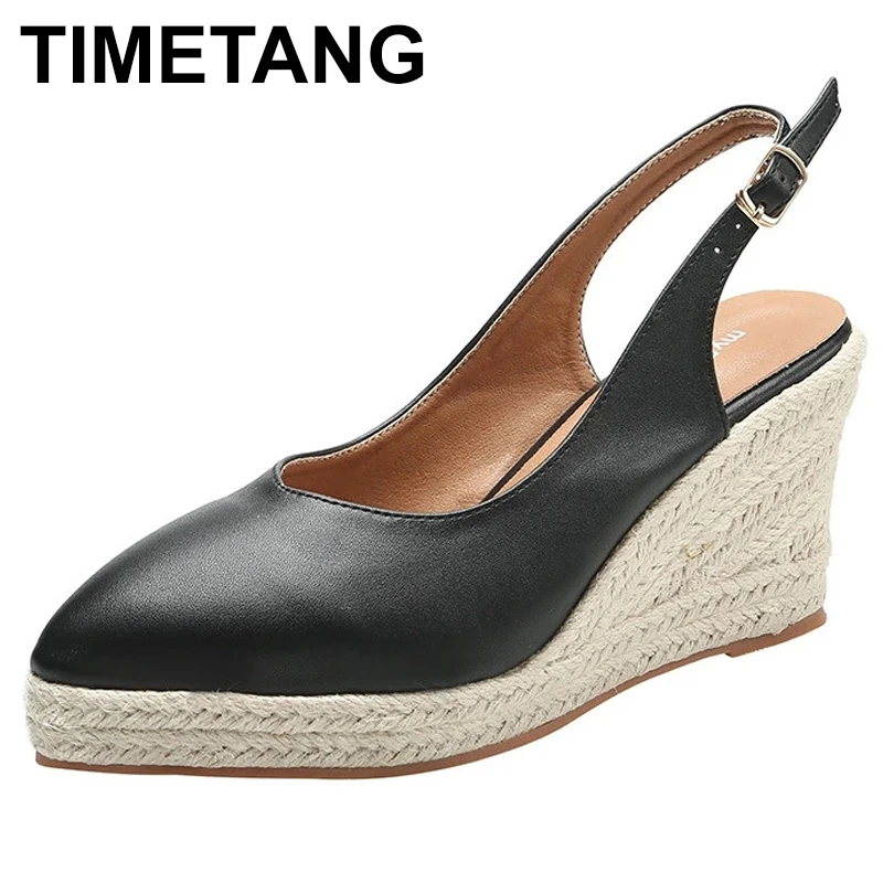 

TIMETANGRetro High Heels Sandals Women Summer Shoes Pointedtoe Brand Ladies Party Shoes Women Wedges Sandals Soft Leather Sandal