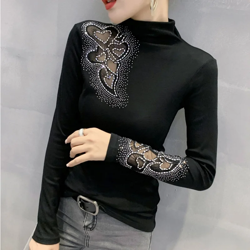 

Woman tshirts New 2020 Autumn winter Turtleneck women tops Sexy hollow out Dimaonds mesh t-shirts plus size mujer camisetas