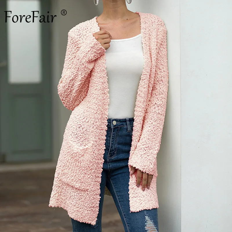 Forefair попкорн Повседневный длинный кардиган женское осеннее пальто Модный женский тонкий черный хаки белый однотонный вязаный кардиган - Цвет: Pink Sweater