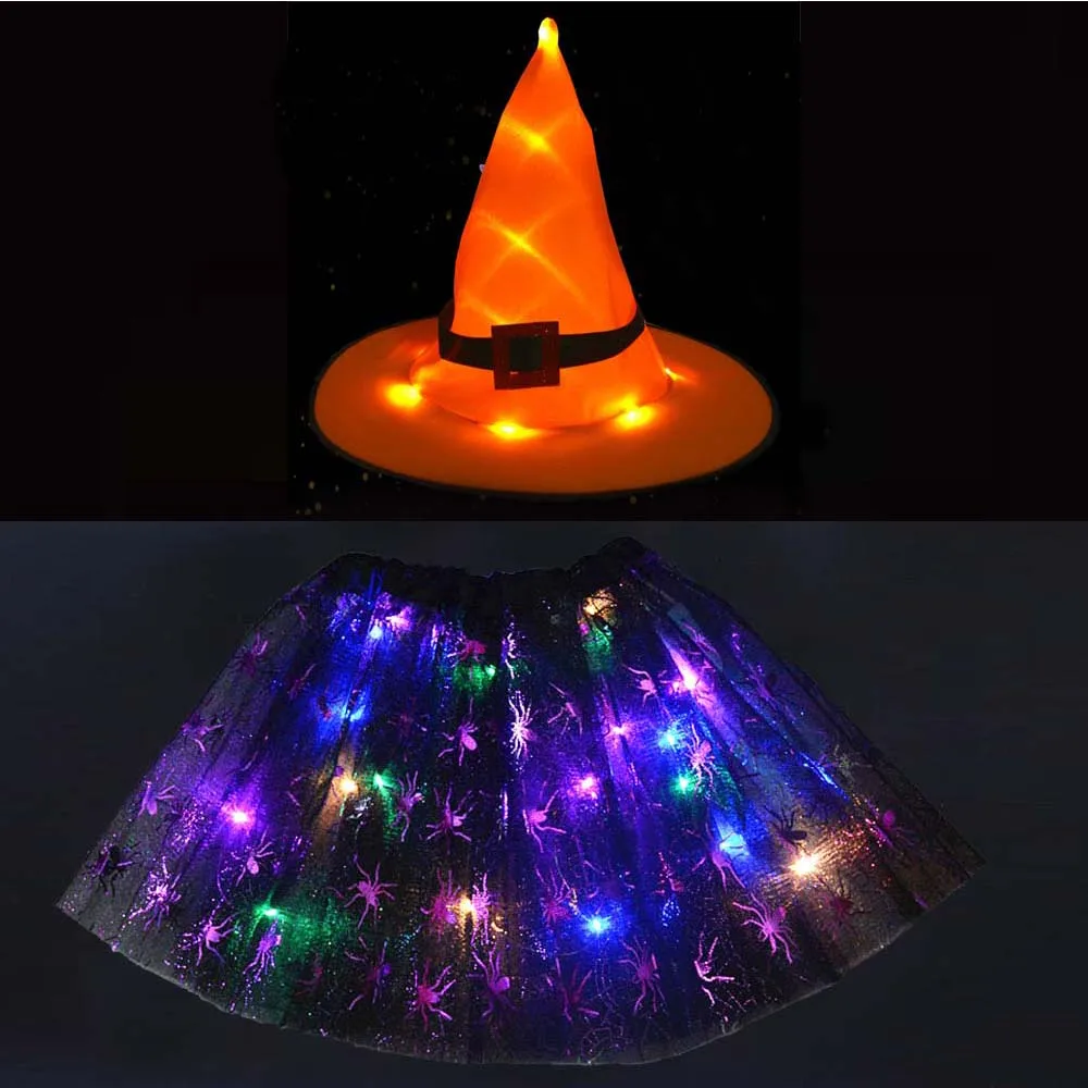 spider skirt Для девочек легкое светодиодный волшебник, ведьма шляпа с юбка пачка аксессуары для косплея Хэллоуин сверкающие принадлежности для вечеринки Пурим Рождество - Цвет: spider skirt