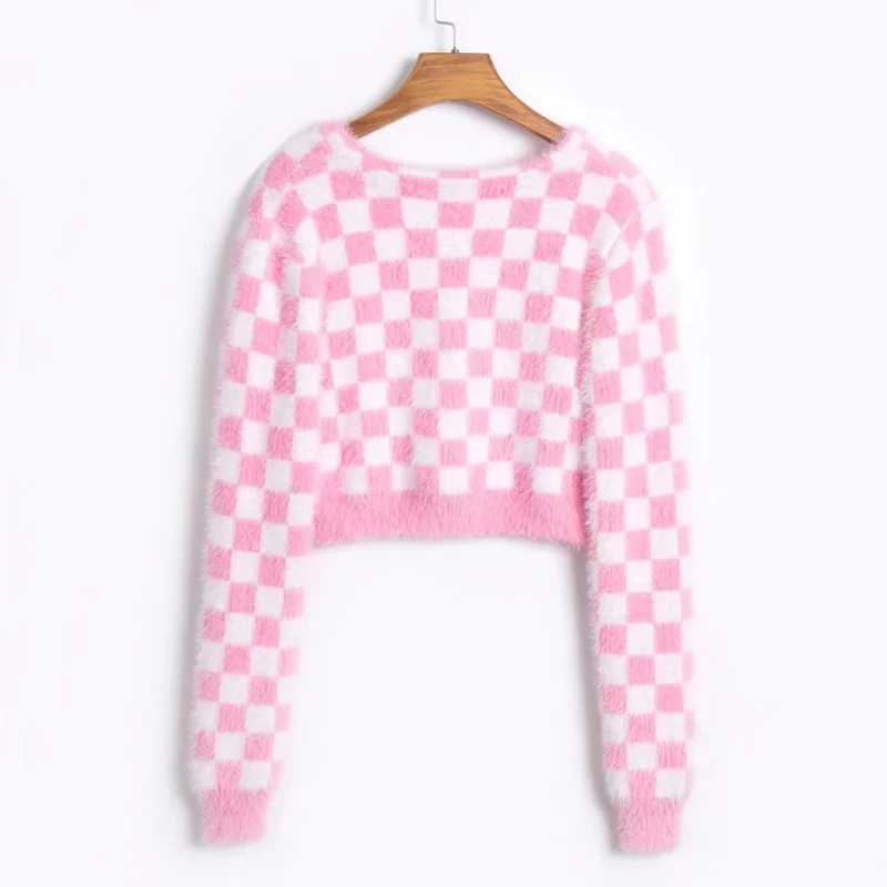 Women Check Fluffy Cropped Cardigan With Sweetheart Button Placket In Pink And White Deep V Neck Crop Knit Jumpers Sweater |