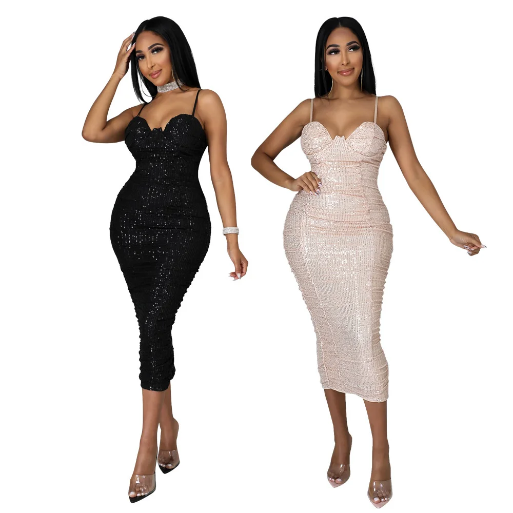 

Zoctuo Women's Sling Slim Slit Party Sequin Pack Hip Dress Solid Blackless Sleeveless Bead Hip Wrap Dress Fashion Dress Women