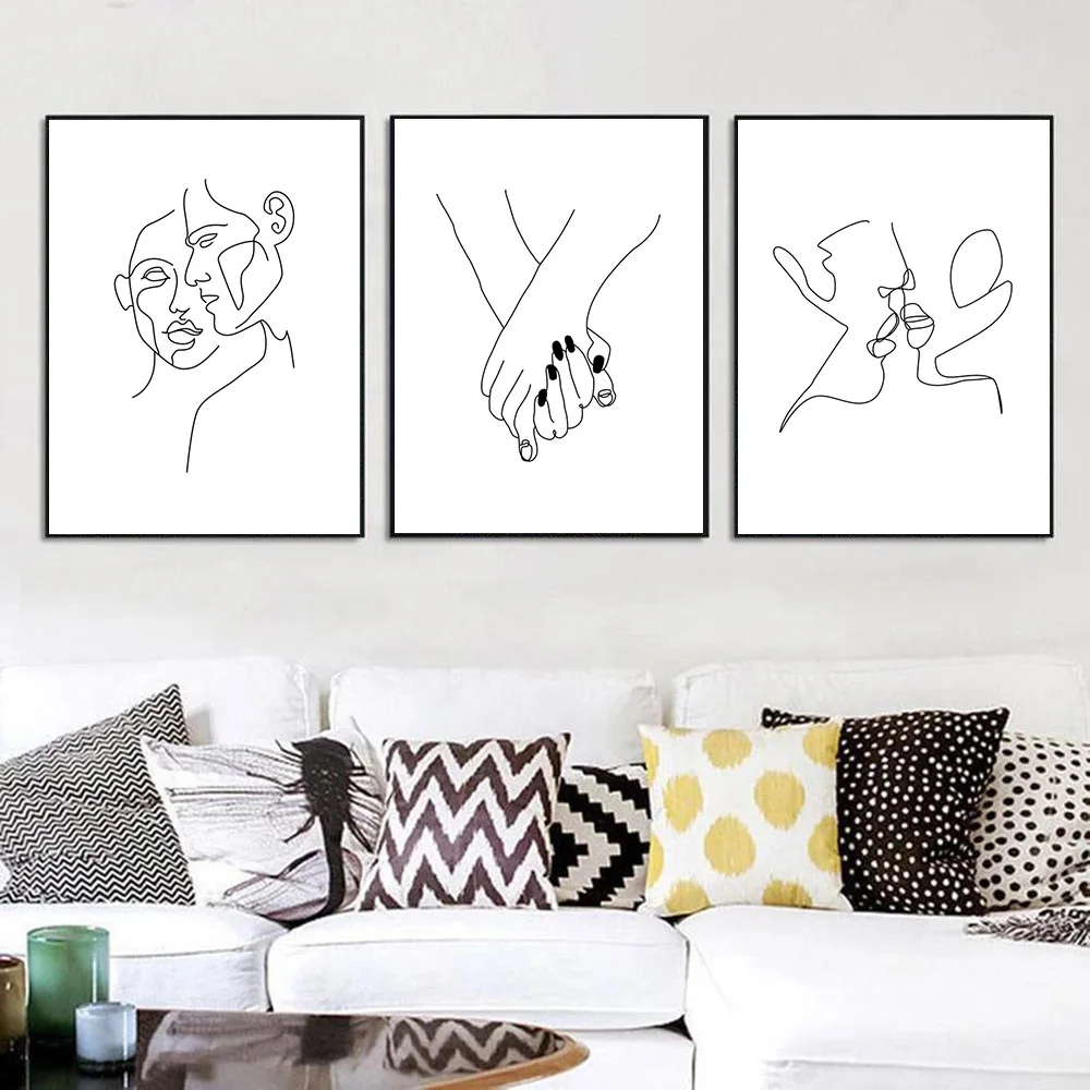 

Abstract Canvas Painting Line Drawing Couple Kiss Love Poster Hand In Hand Wall Art Print Nordic Wall Pictures Living Room Decor
