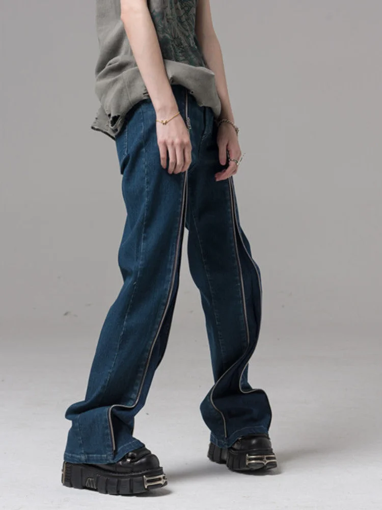 Vintage Jeans Men Stripe Zipper Horn High Street Vibe Retro Hiphop Men Jeans Trousers Hip Hop Wash Elastic Patchwork Jeans Women