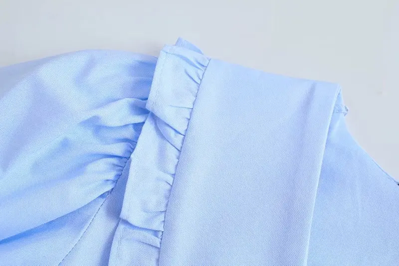 

Women Retro Blue Cotton Pearl Buttons Crop Shirt Short Sleeve 2021 Summer Chic Female Shirt Tops