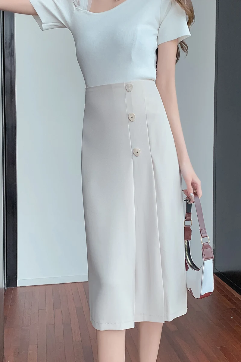 

COIGARSAM Women Long Skirt New Summer Spring High Waist Skirts Black Apricot 1230