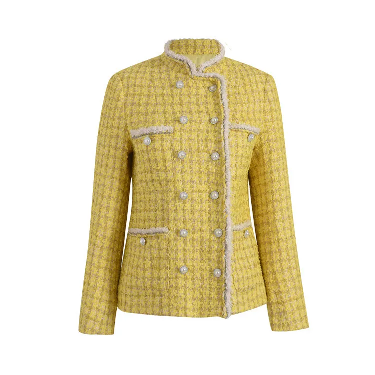 

High Quality Runway Women Tweed Jacket 2021 Autumn Winter Office Ladies Double Breasted Crystal Buttons Wool Yellow Plaid Coat