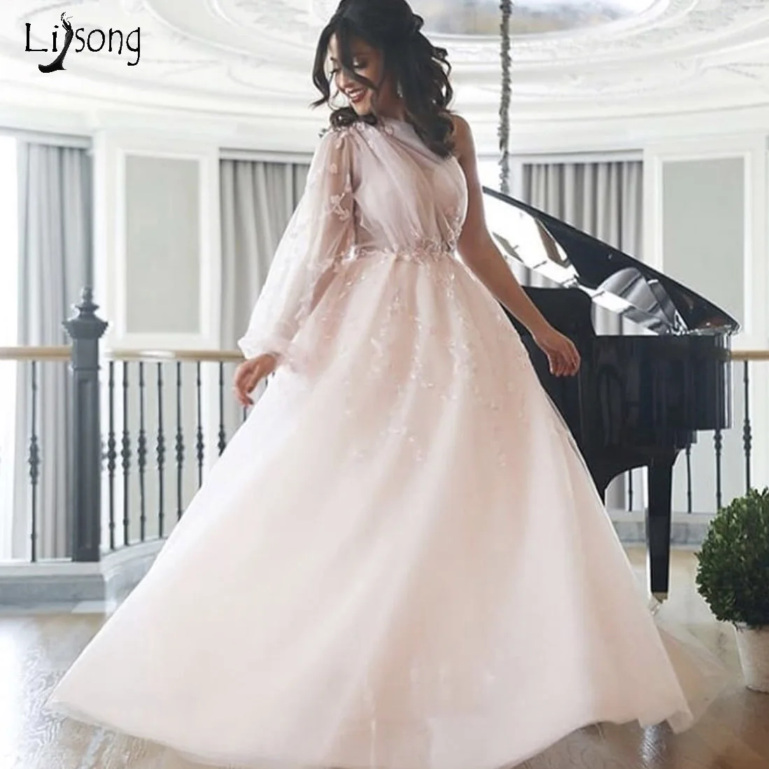 

Modest Pearl Pink Lace A-line Prom Dresses One Shoulder Appliques A-line Prom Gowns Saudi Arabic Formal Dresses 2019