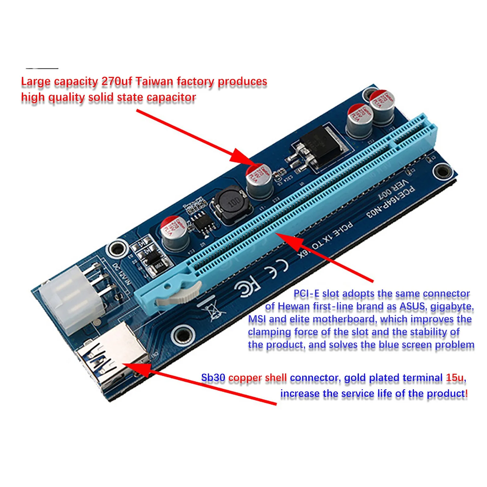 

1pc 007pci-e1x To 16 Graphic Card Extension Cable 6pin Power Supply Usb3.0 Graphics Card Power Adapter Card Blue