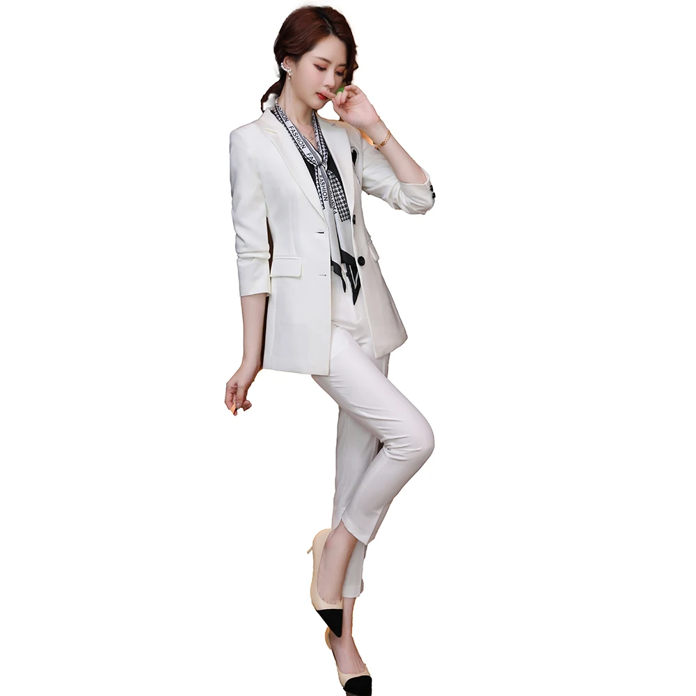 2021 New Black White Women's Pants Suit 2 Pieces Set Formal Elegant Ladies OL Blazer Female Jacket + Trousers Plus Size S-4XL