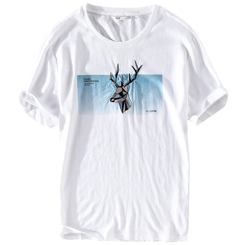 

Men Summer Fashion Short Sleeve Round Neck Deer Print Linen t-Shirt Japan Style Casual Slim Fit Comfortable Breathable Tee Tops