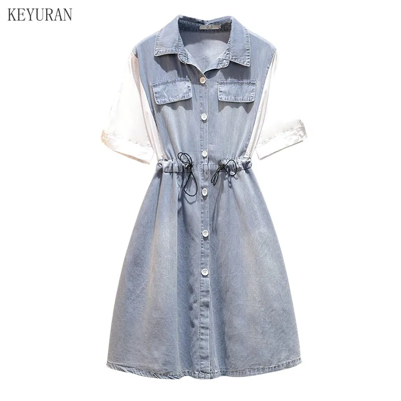 Женское джинсовое платье с коротким рукавом свободное составного кроя из денима