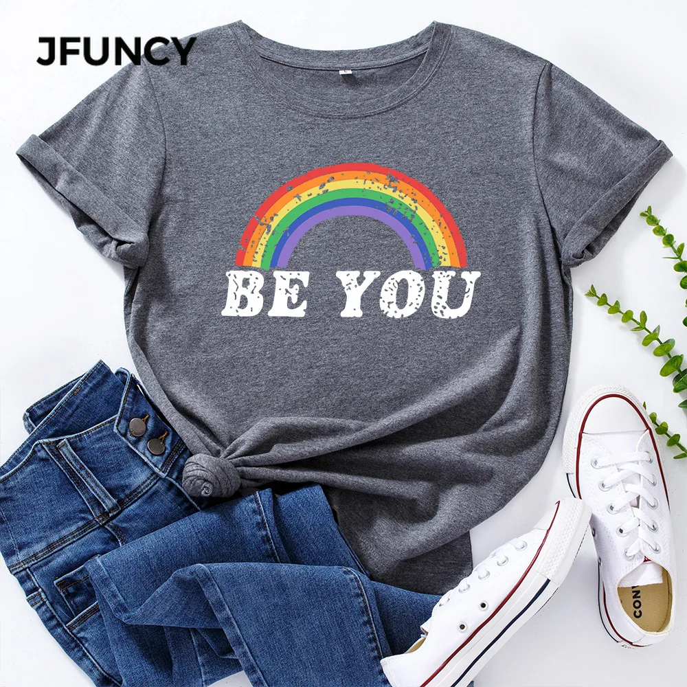 JFUNCY  Women Cotton T Shirt Rainbow Letters Print Loose Tees Short Sleeve Woman Casual T-shirt Summer Female Tops