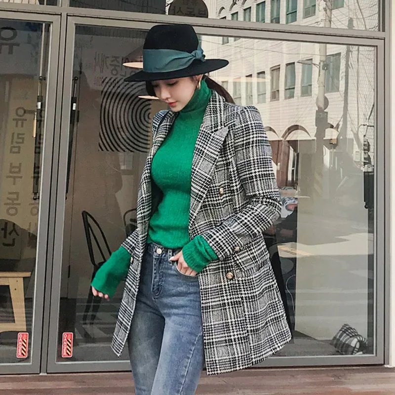 Coat (green line) Осенне-зимний корейский темперамент двубортный тонкий клетчатый шерстяной Блейзер+ джемпер - Цвет: Coat (green line)