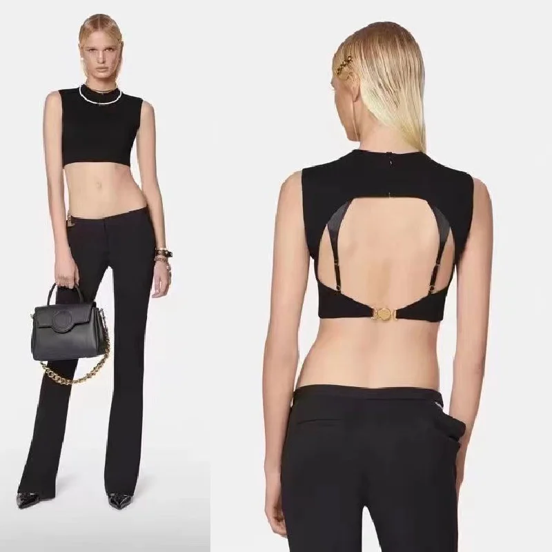 

2022 luxury high quality summer new gold button crew neck open back short sleeveless vest sexy short T-shirt